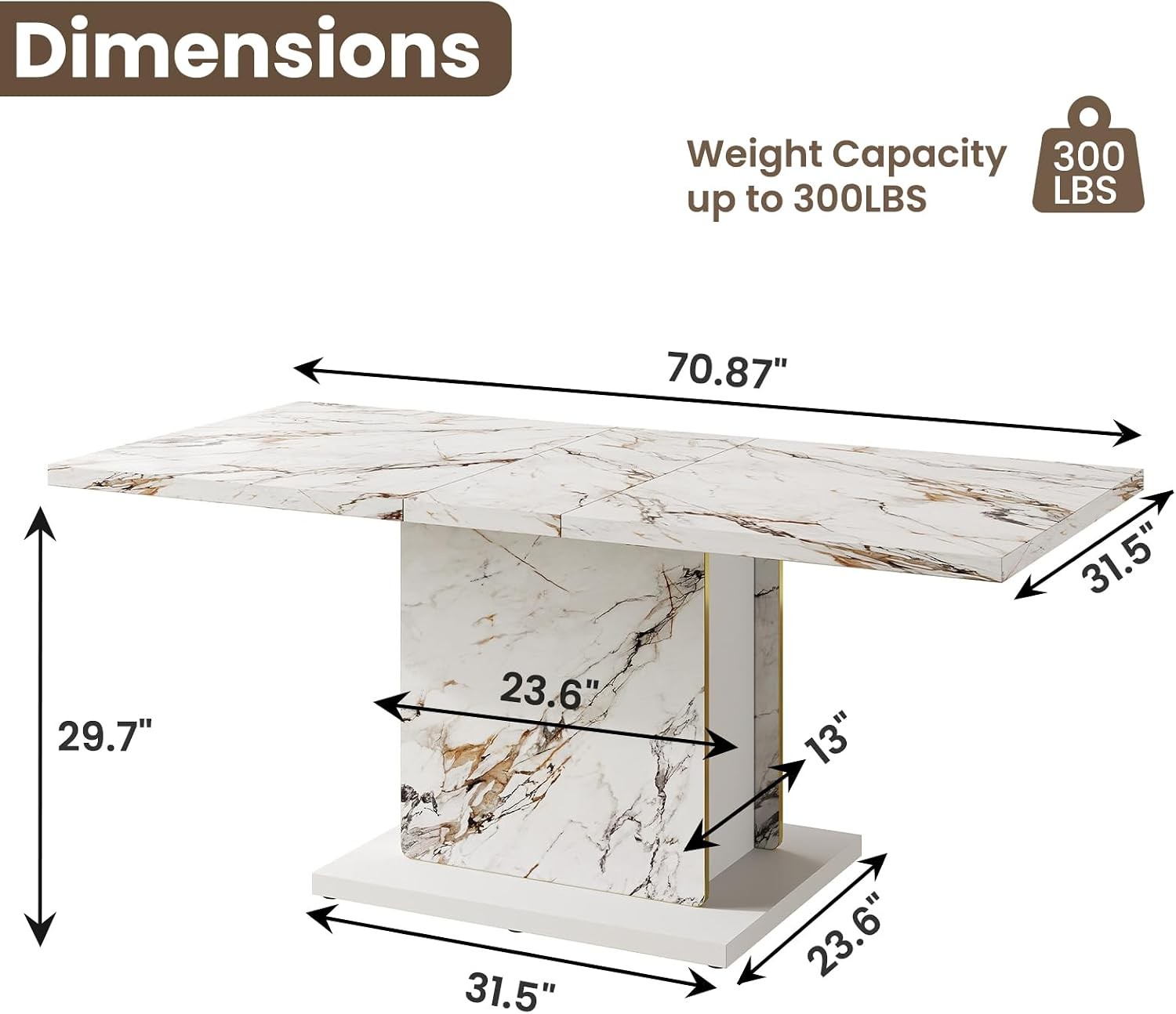 70″ Faux Marble Dinner Table，Rectangle Modern White Dining Table 6-8