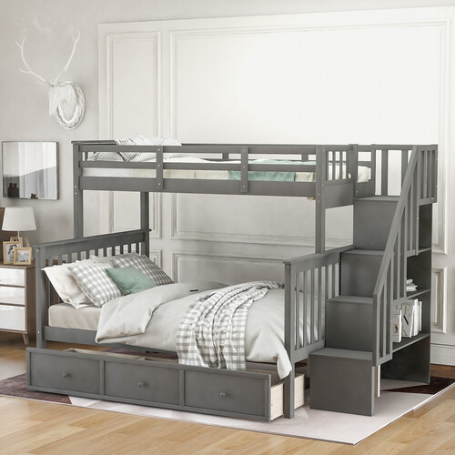 Twin Over Full Bunk Beds with Storage Drawers & Stairs Wood Platform Bed Frames