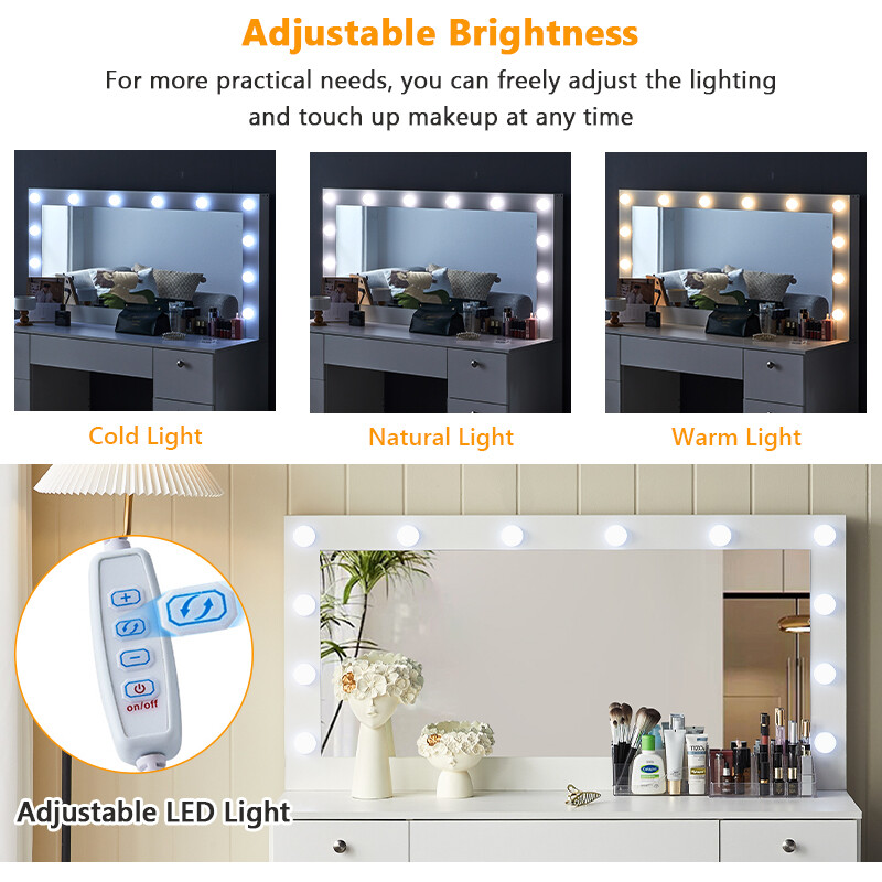 Large Dressing Table LED Bulbs Mirror Drawers Stool Makeup Desk Storage 7Drawers