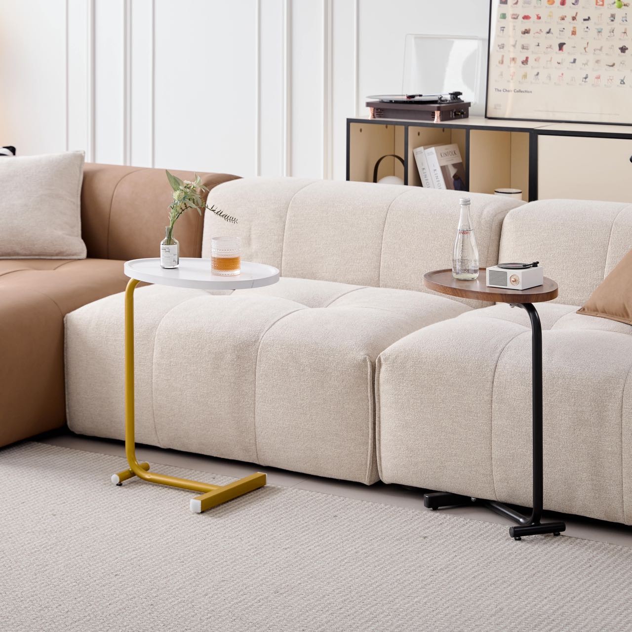 White C-Shaped Side Table, Sofa Bedside End Table, Metal & MDF
