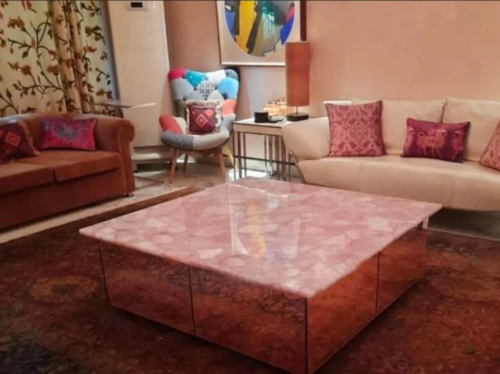 Rose Quartz Coffee Table Top for Office | 12 x 12 Inches Pink Stone Patio Table