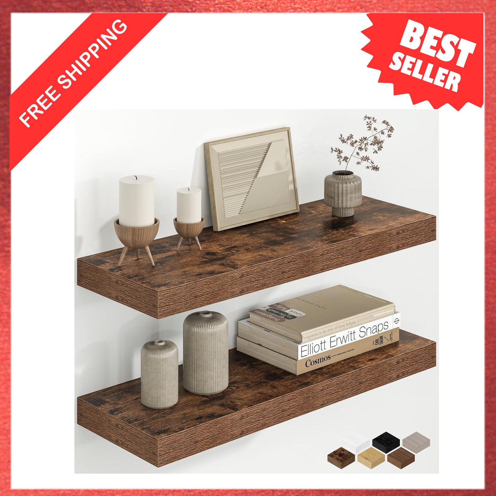 Floating Shelves Wall Mounted Set of 2 Rustic Oak Finish Deep Storage Decorative