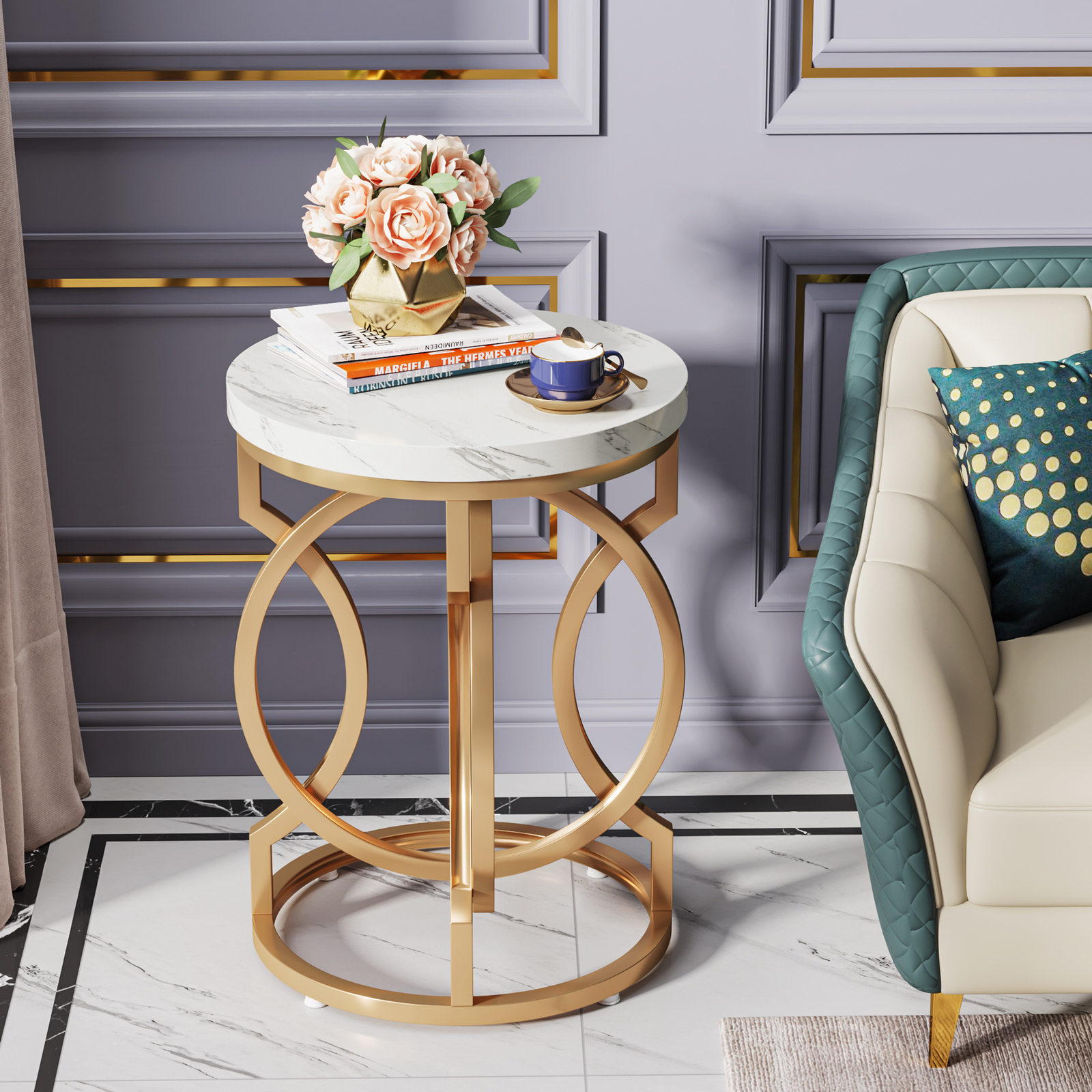 20″ White Gold Faux Marble Round Side End Table for Living Room Accent Table