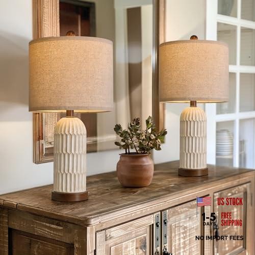 22.5″ Bedside Table Lamps Set of 2, Farmhouse Table Lamp White and Wood-Grain