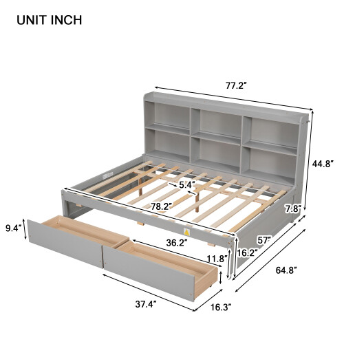 Twin/Full Size Daybed with Storage Drawers & Bookcase Solid Wood Sofa Bed Frames