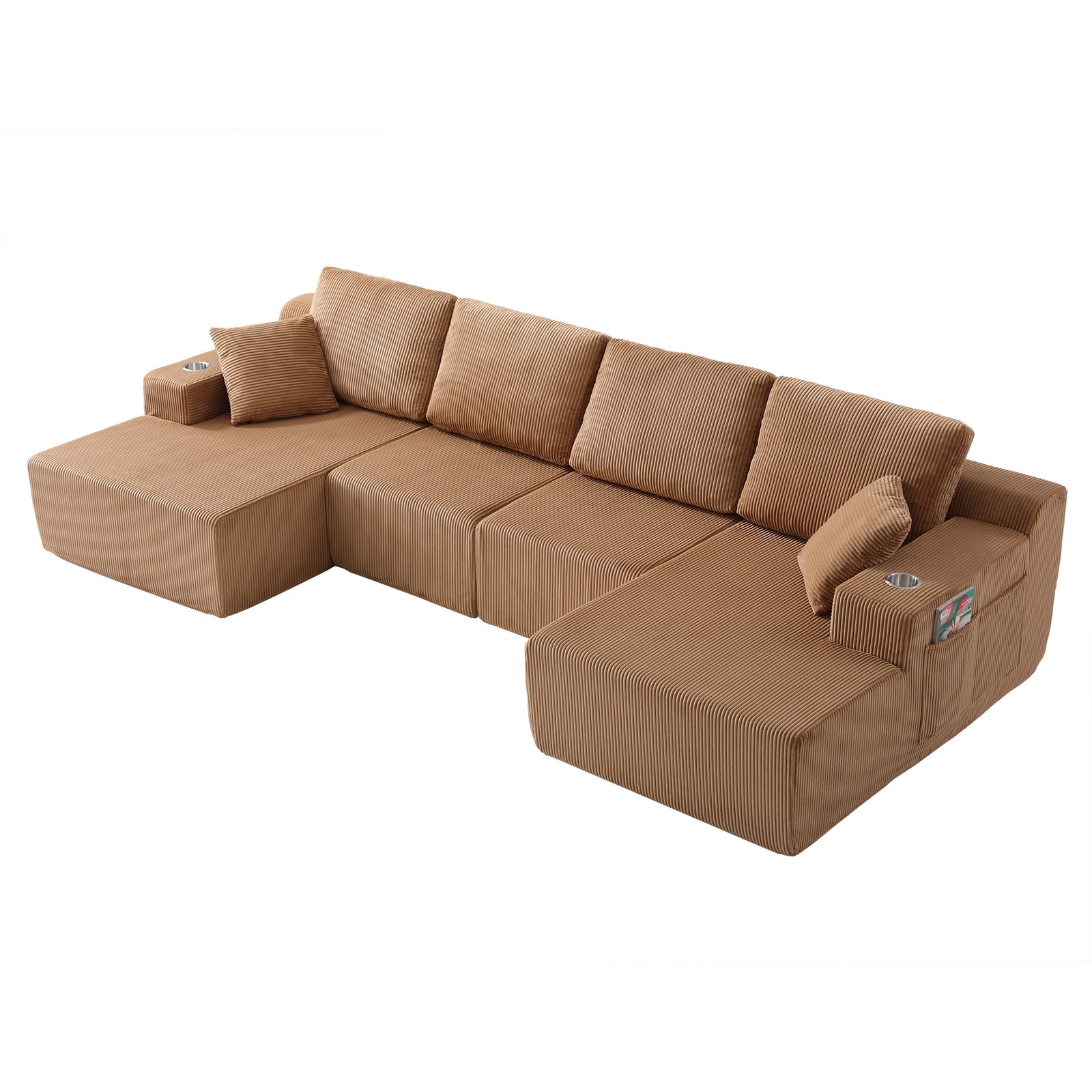 130″ U-Shaped Modular Sectional Sofa with Chaise, Corduroy, Brown
