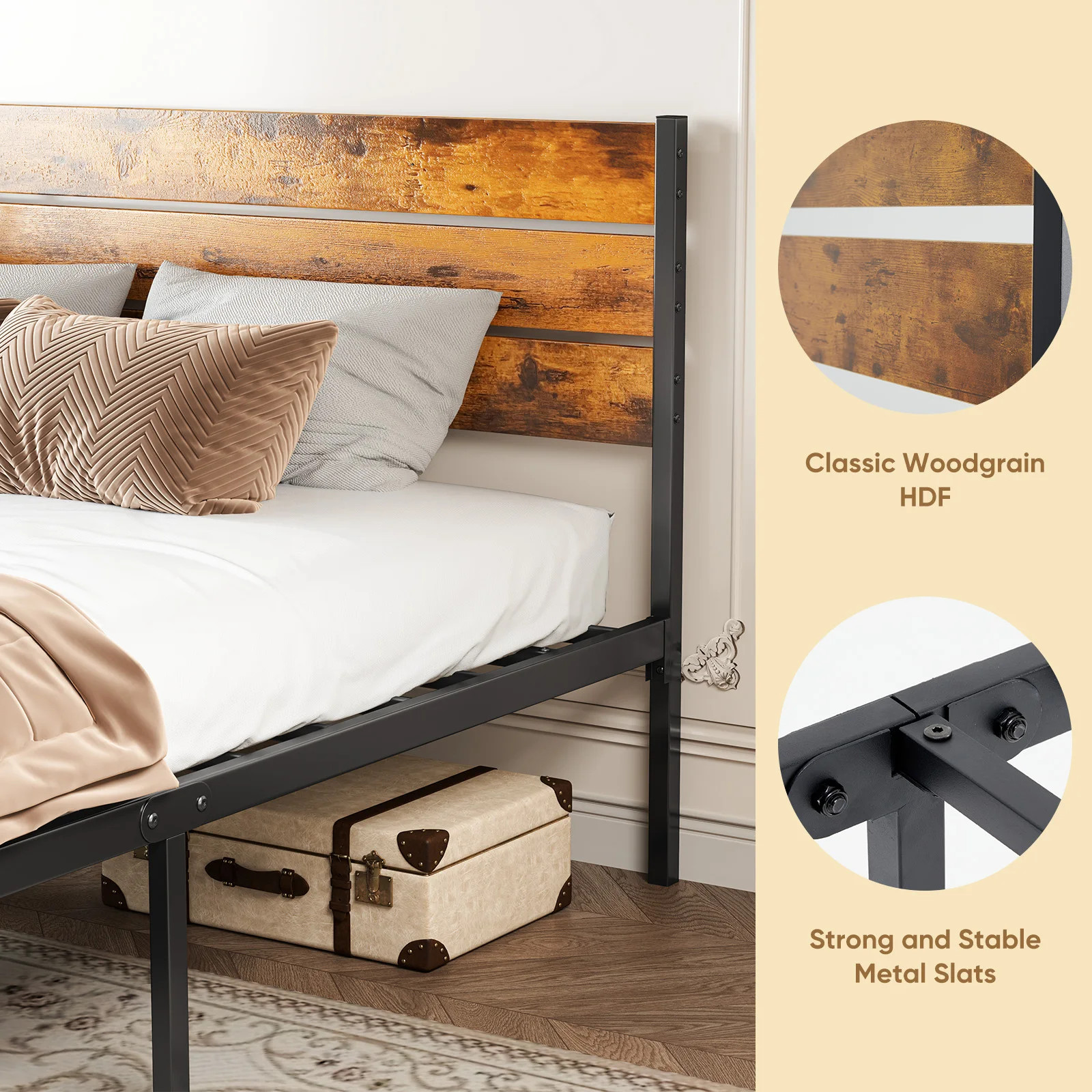 MCQ Wooden Headboard and Metal Platform Bed Frame No Box Spring Needed with 700L