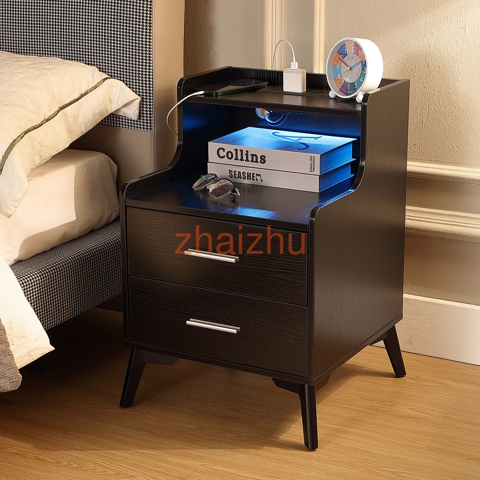 2PCS Black Nightstand Bedside Table Drawers with USB Ports Charging Station
