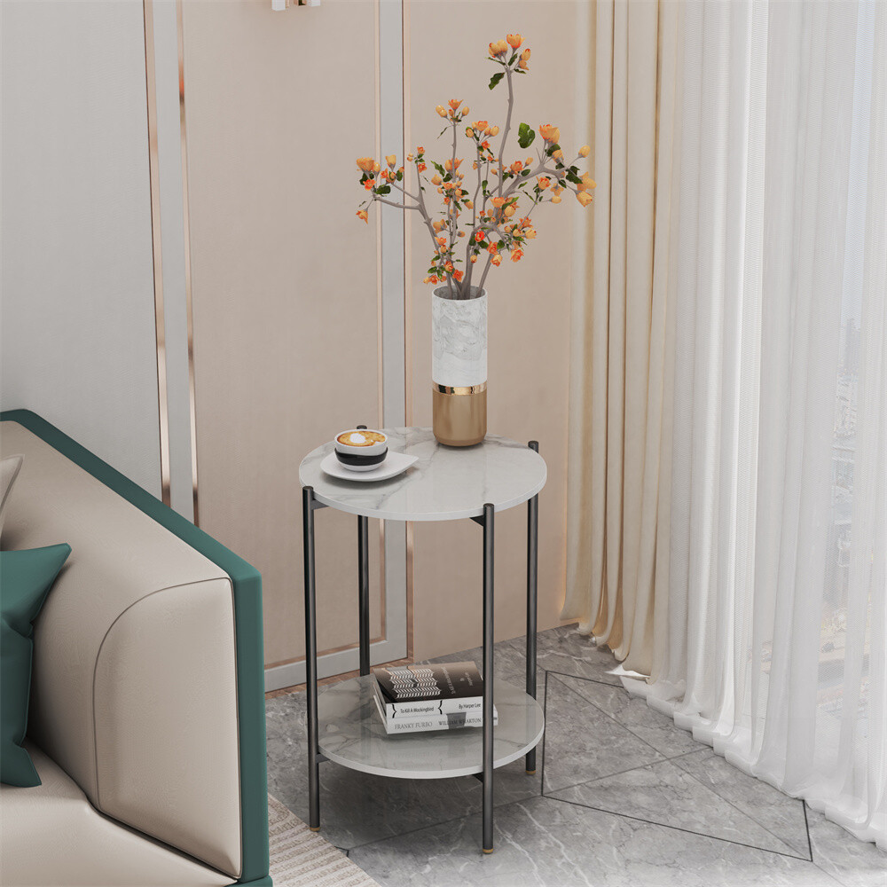 2 Tiers Marble Side Table Coffee Table with Classic Black Painted Metal Legs US