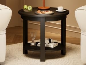 Solid Wood Round End Table with Storage Shelf, 22″ W x 20″ H, Mid Century Modern