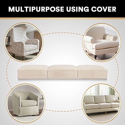 Stretch Velvet Couch Cushion Covers 3 Pack Ivory 19.6-29.5 Inch Washable For