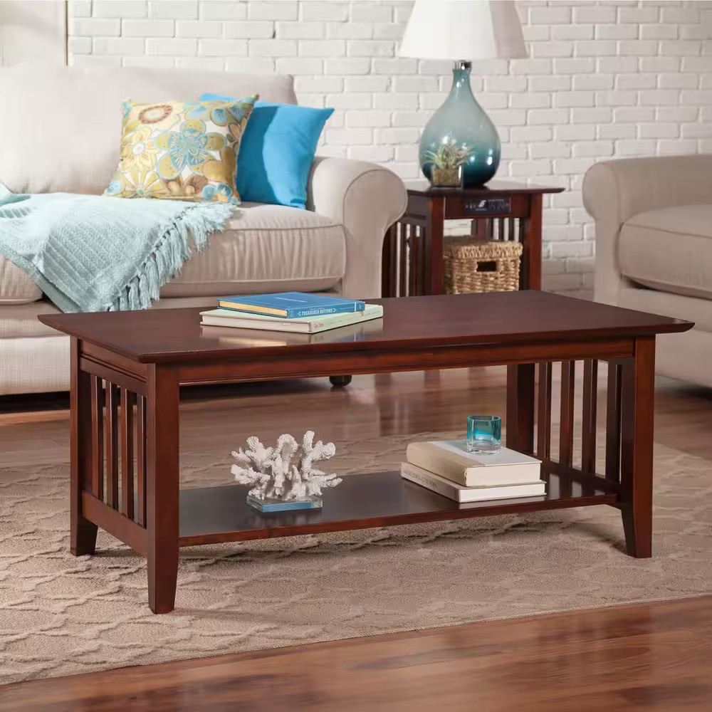 Mission 44 In. Walnut Rectangle Wood Top Coffee Table with Shelf