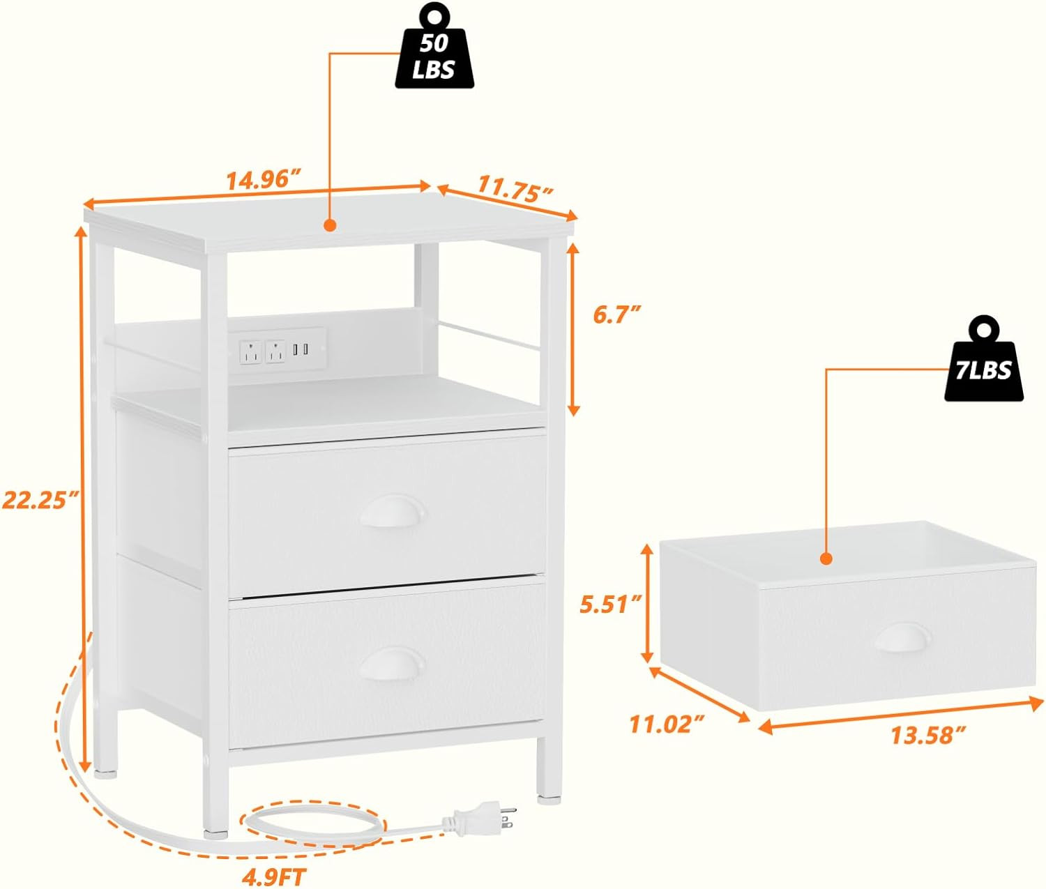 White Nightstand, End Table, Charging Station, USB Ports, Drawers, Shelf & Hooks