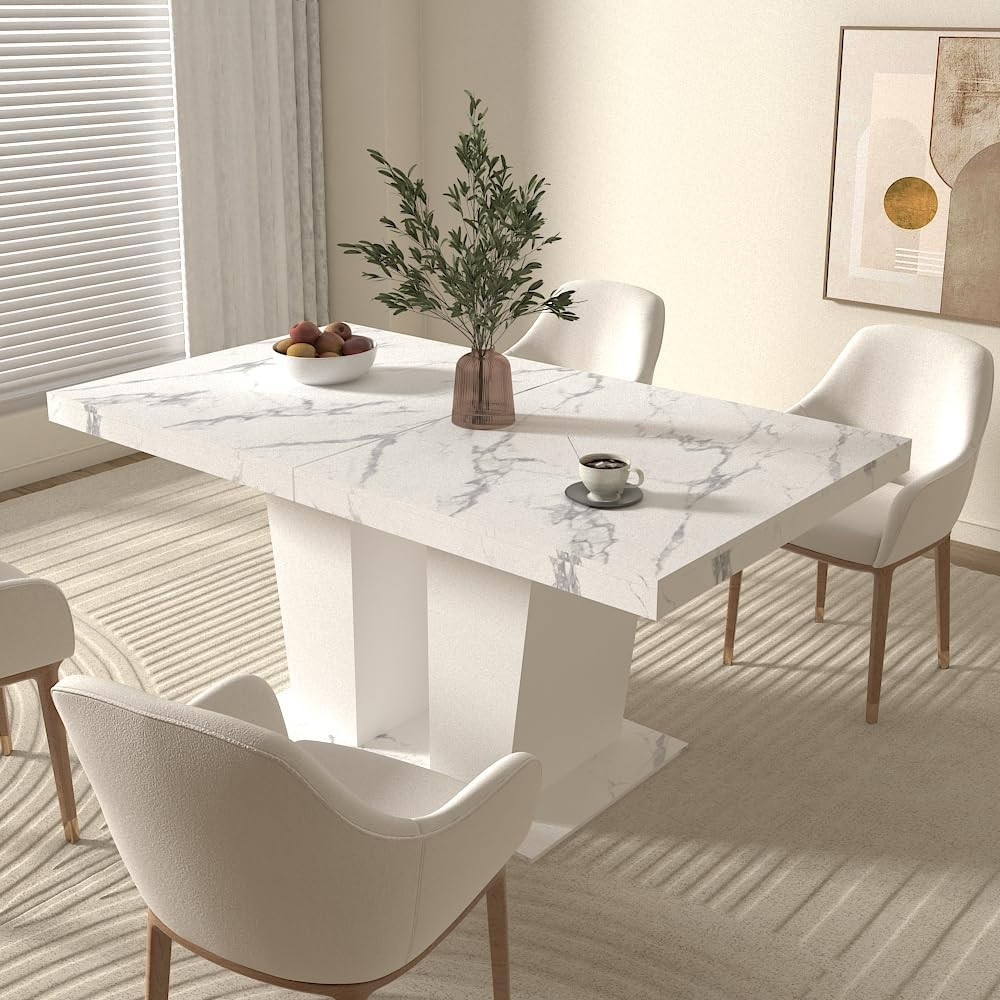 Extendable White Marble Dining Table for 6-10, Modern Rectangular Design