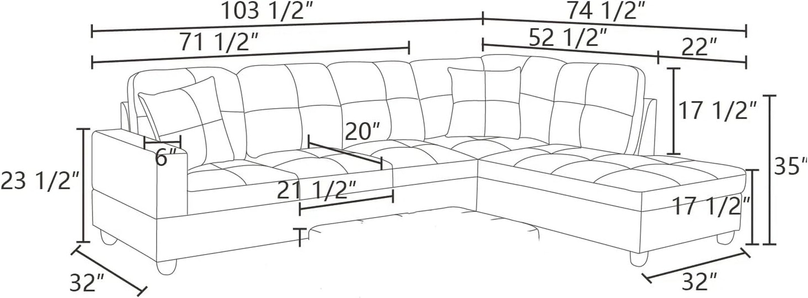 Modern 2-Piece Blue L-Shape Sectional Sofa with Right Chaise for Living Room