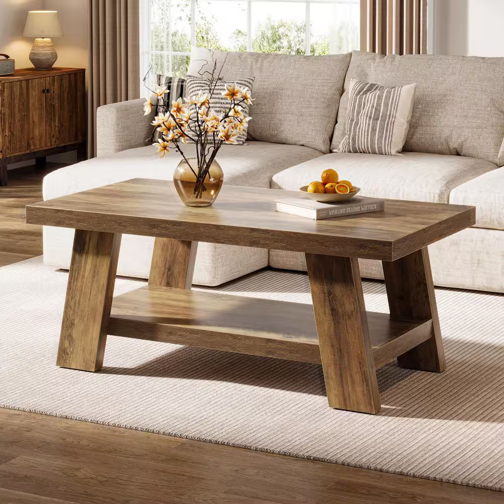 Allan 47.24 In. Brown 2-Tier Center Table, Farmhouse Rectangle Wood Coffee Table