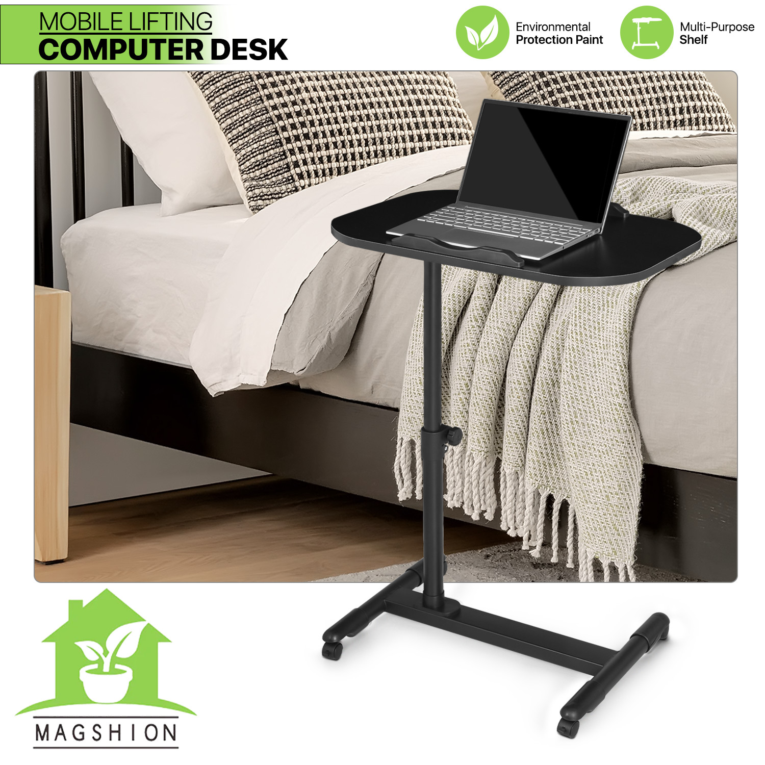 Rolling Adjustable Height Laptop Desk Sofa Bed Food Tray Swivel Table Stand Home