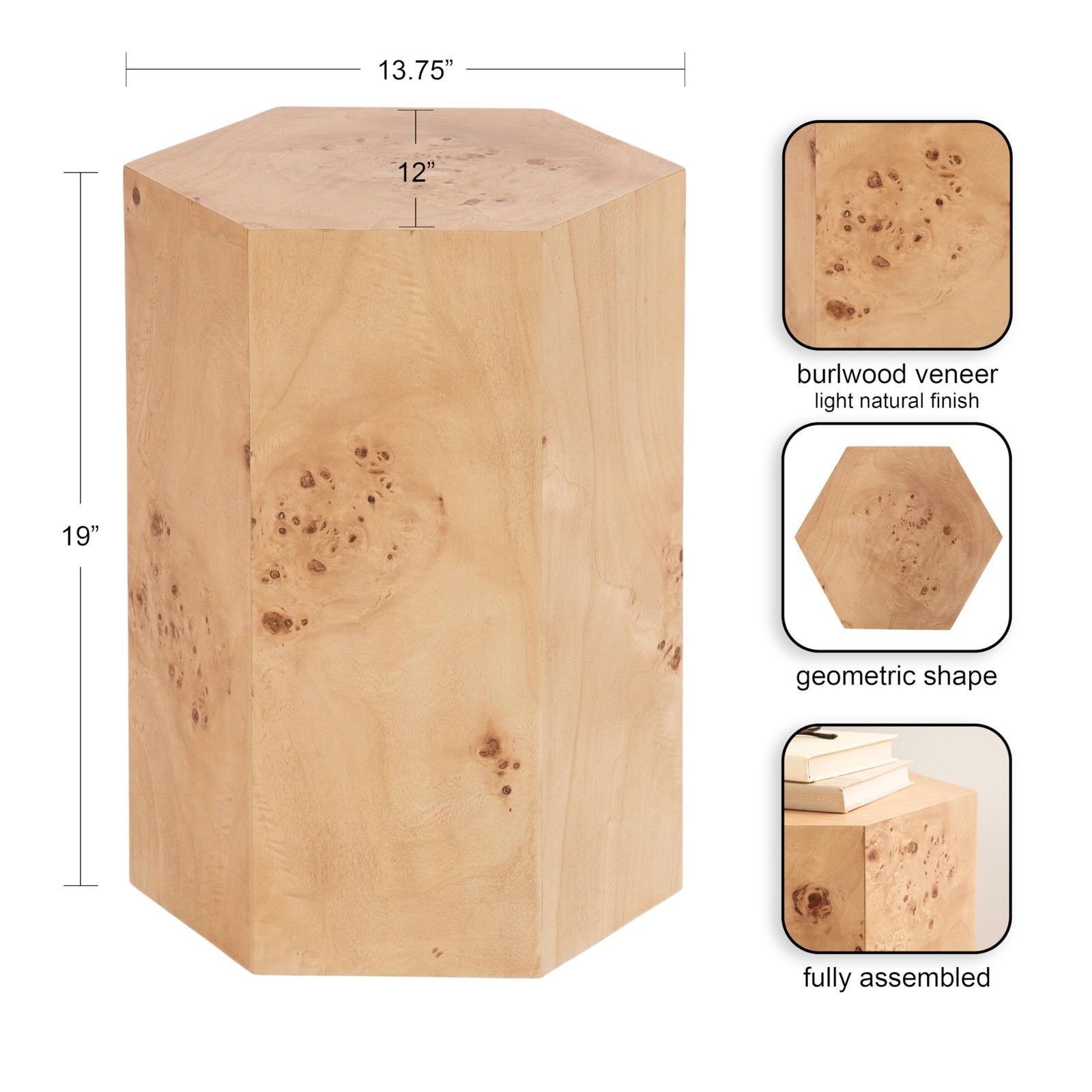 Berkett Hexagon Burlwood Side Table, 14 x 12 x 19, Natural Wood, Transitional…