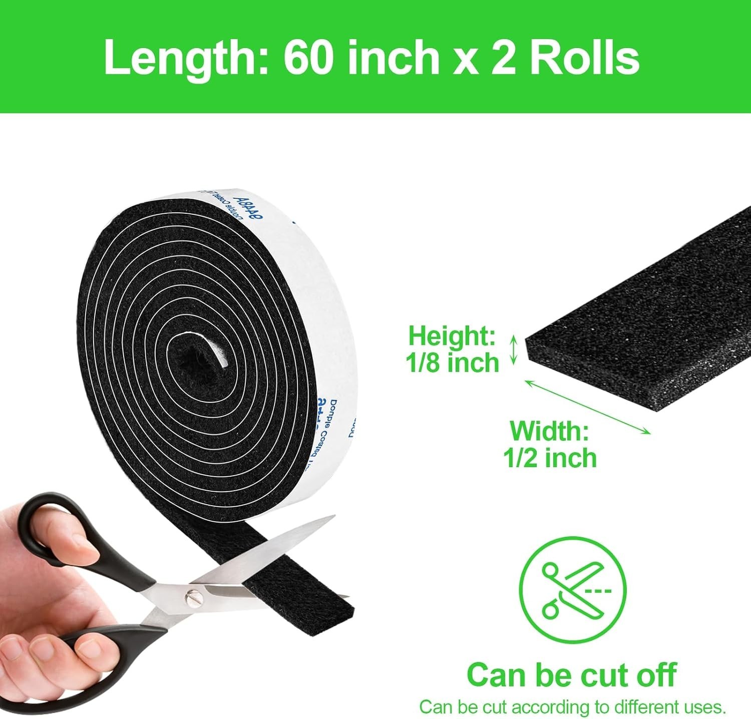 2 Pack Roll Felt Strips with Adhesive Backing: 1/2X60 Inches Black