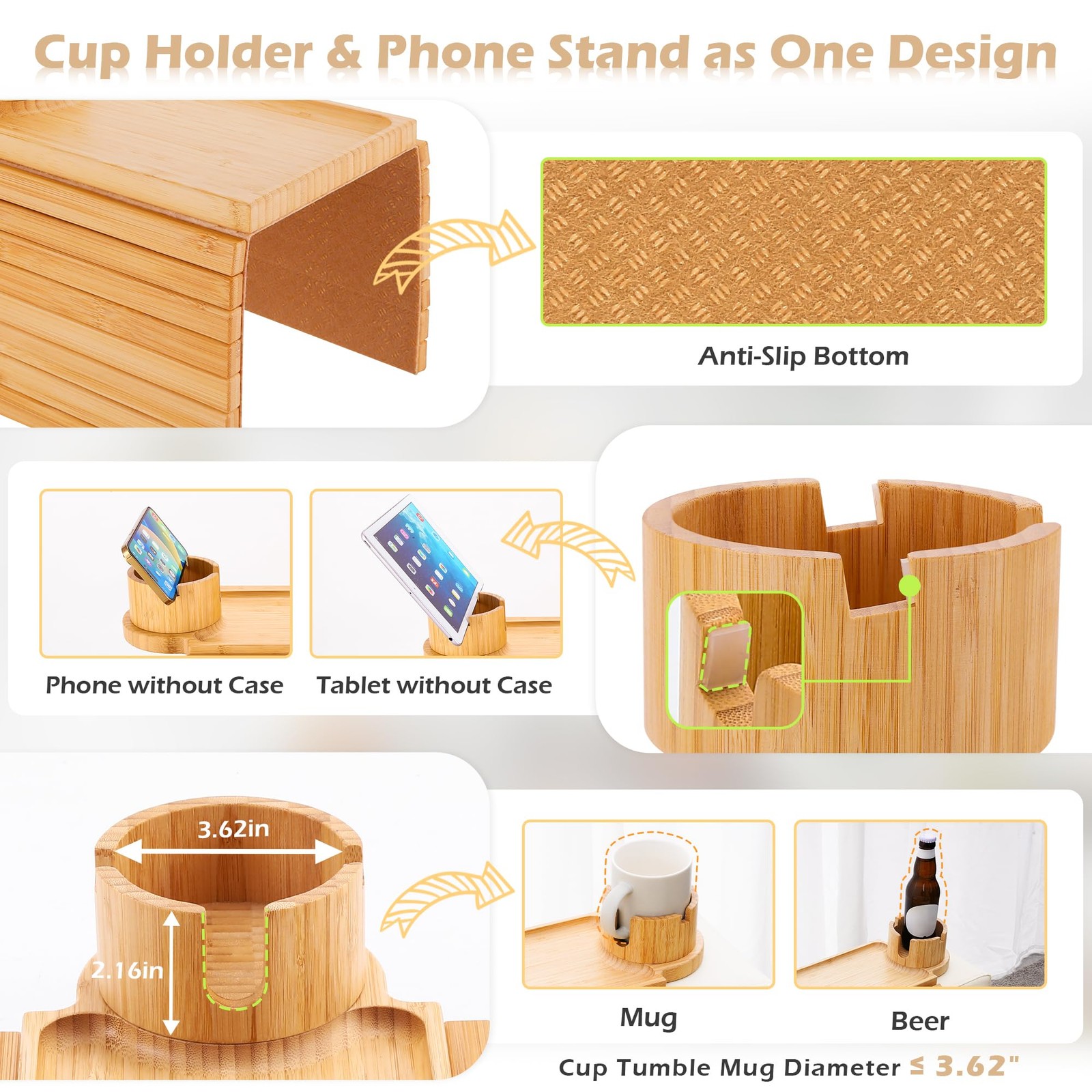 Couch Cup Holder Tray, 3 in 1 Couch Arm Trays,Large Chair Arm Rest Tray Bamboo