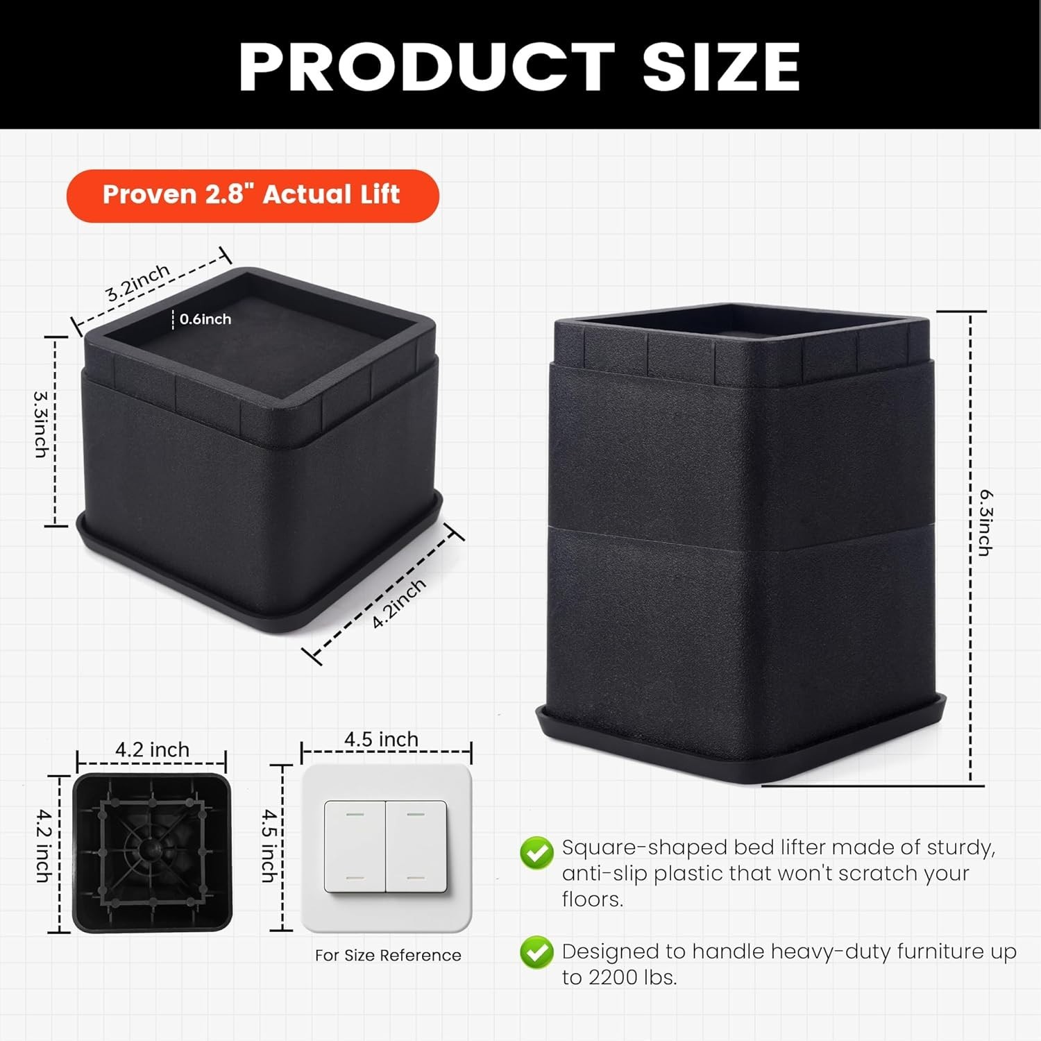 Stackable Bed Risers 3-6 Inch – Durable Furniture Elevators Supporting 2200 lbs
