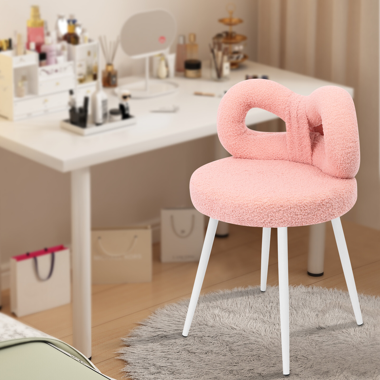 Modern Floor Standing Cute Bow Backrest Make-up Chair Pink 33*33*67cm