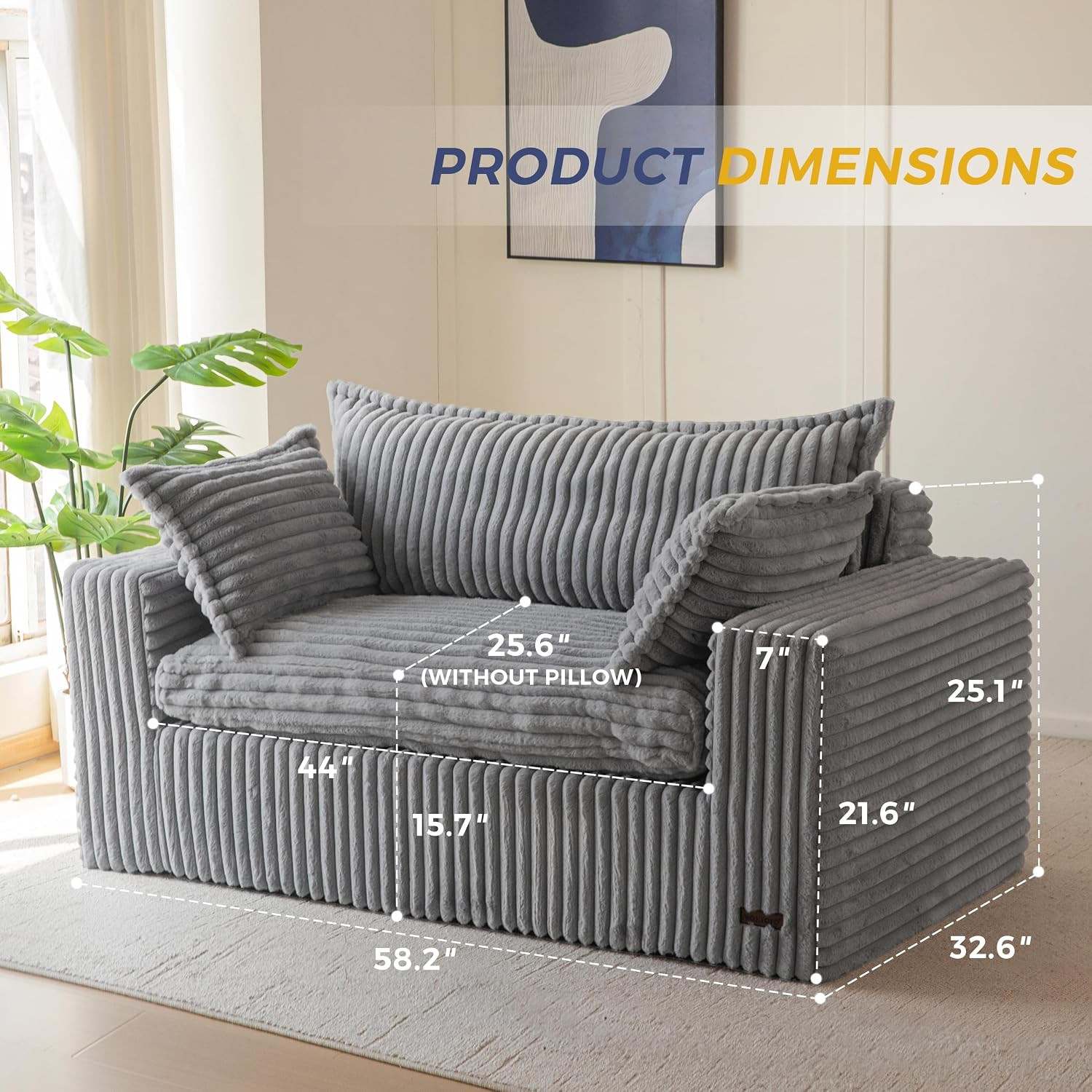Boneless Loveseat 59″ in Dark Grey – No Assembly, Deep Seating for Two