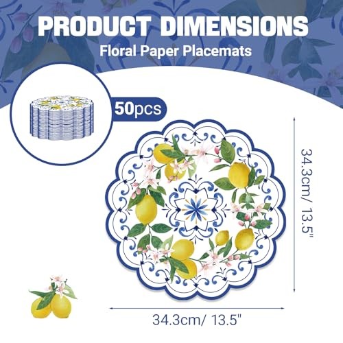 50PCS Lemon Paper Placemats – 13.7 Inch Blue Chinoiserie Celadon – Disposable