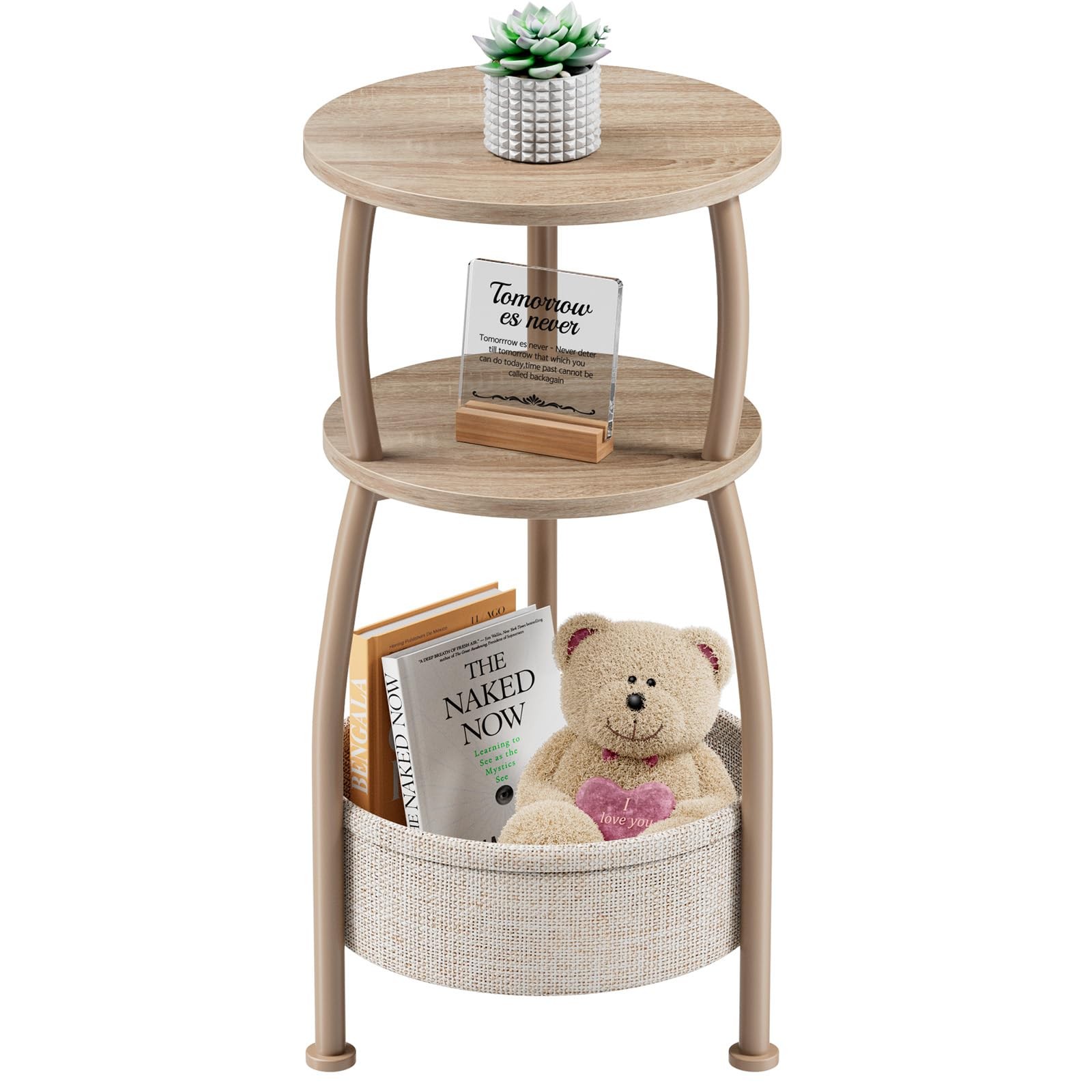 Small Side Table 3 Tier Round Storage Basket 11.81 Inch Oak Bedroom Home