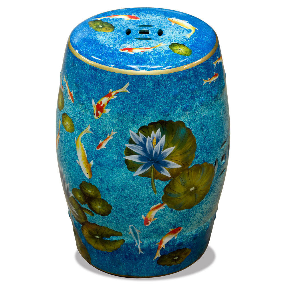 US Seller – Porcelain Koi Fish Lotus Pond Motif Asian Garden Stool