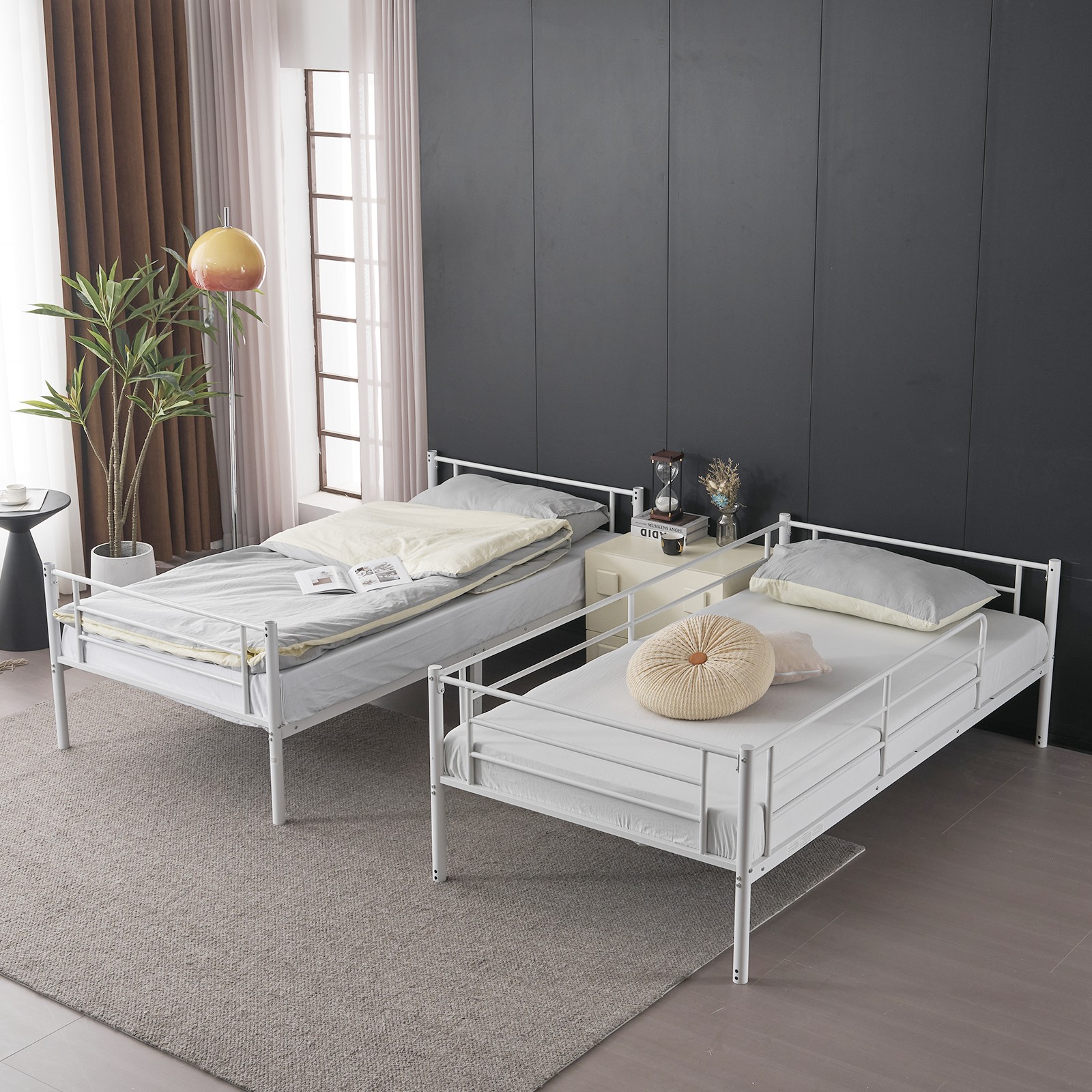 Twin Over Twin Convertible Bunk Bed with 2 Storage Drawers, Metal Bunk Bed White