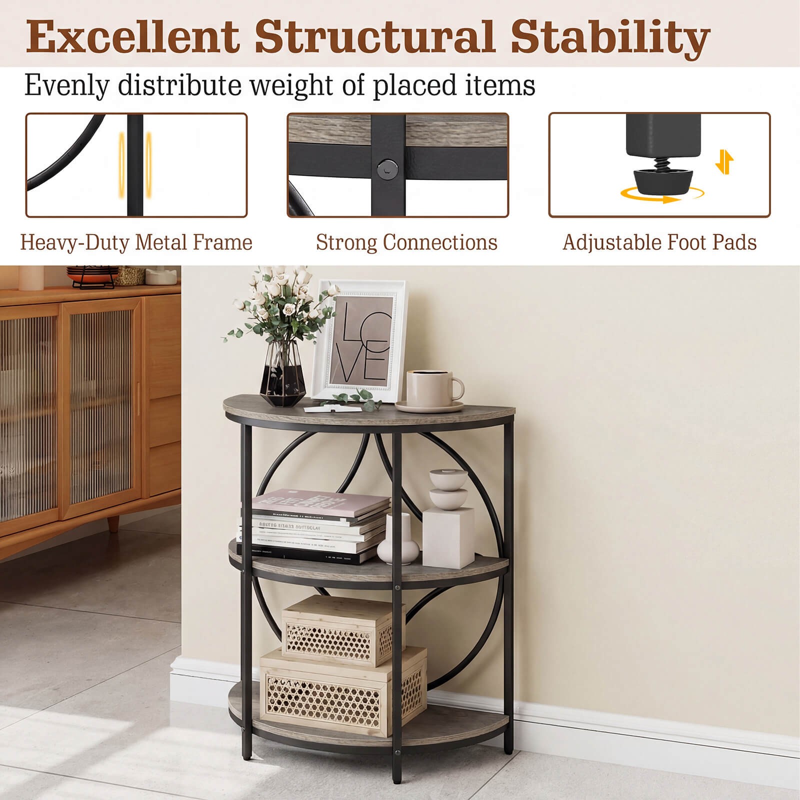 3-Tier Half Round End Table Set of 2 w/Study Metal Frame, Storage Shelves