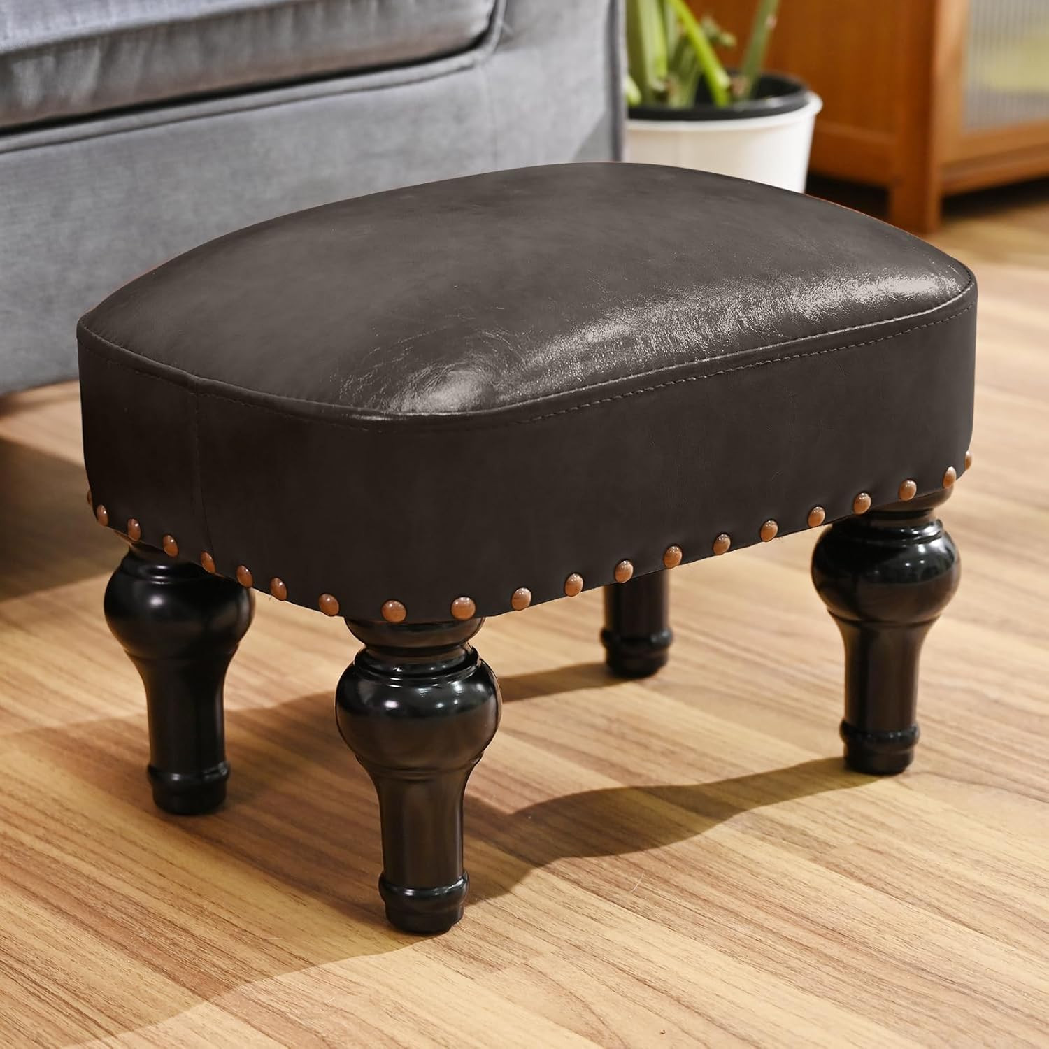 Rustic Deep Brown Leather Ottoman – Stylish Footrest for Living Room & Office
