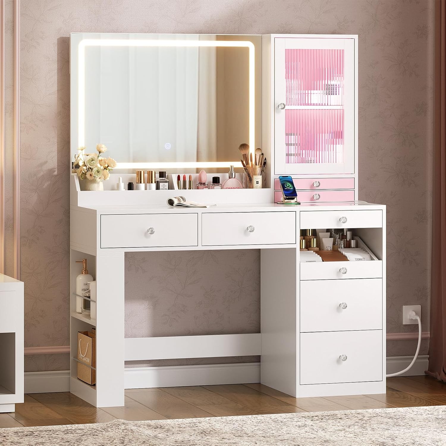 Makeup Vanity Desk with Mirror and Lights & Large LED Diamond Handle Cabinet