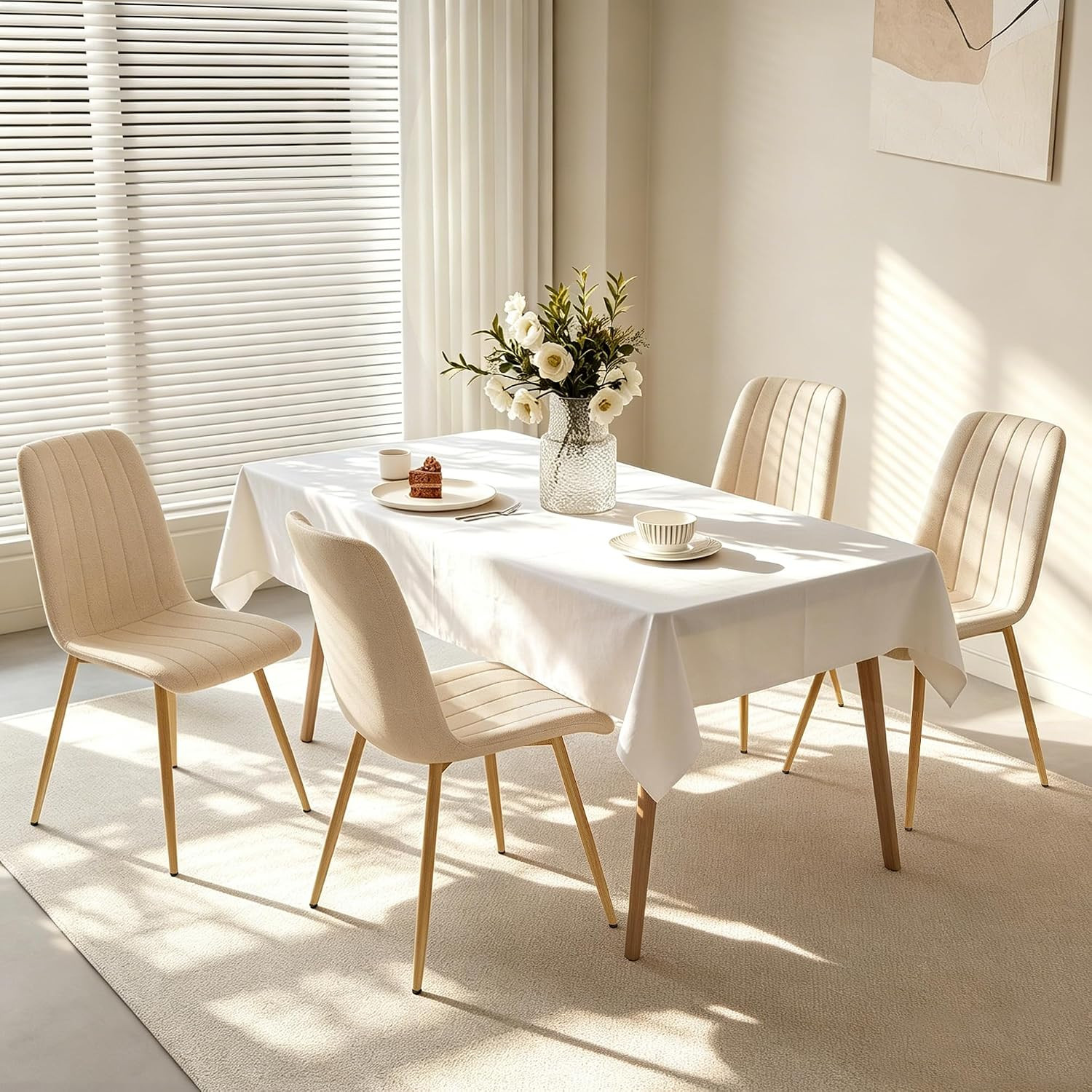 High Back Upholstered Dining Chairs Set of 4, Beige | Breathable Linen Fabric, S