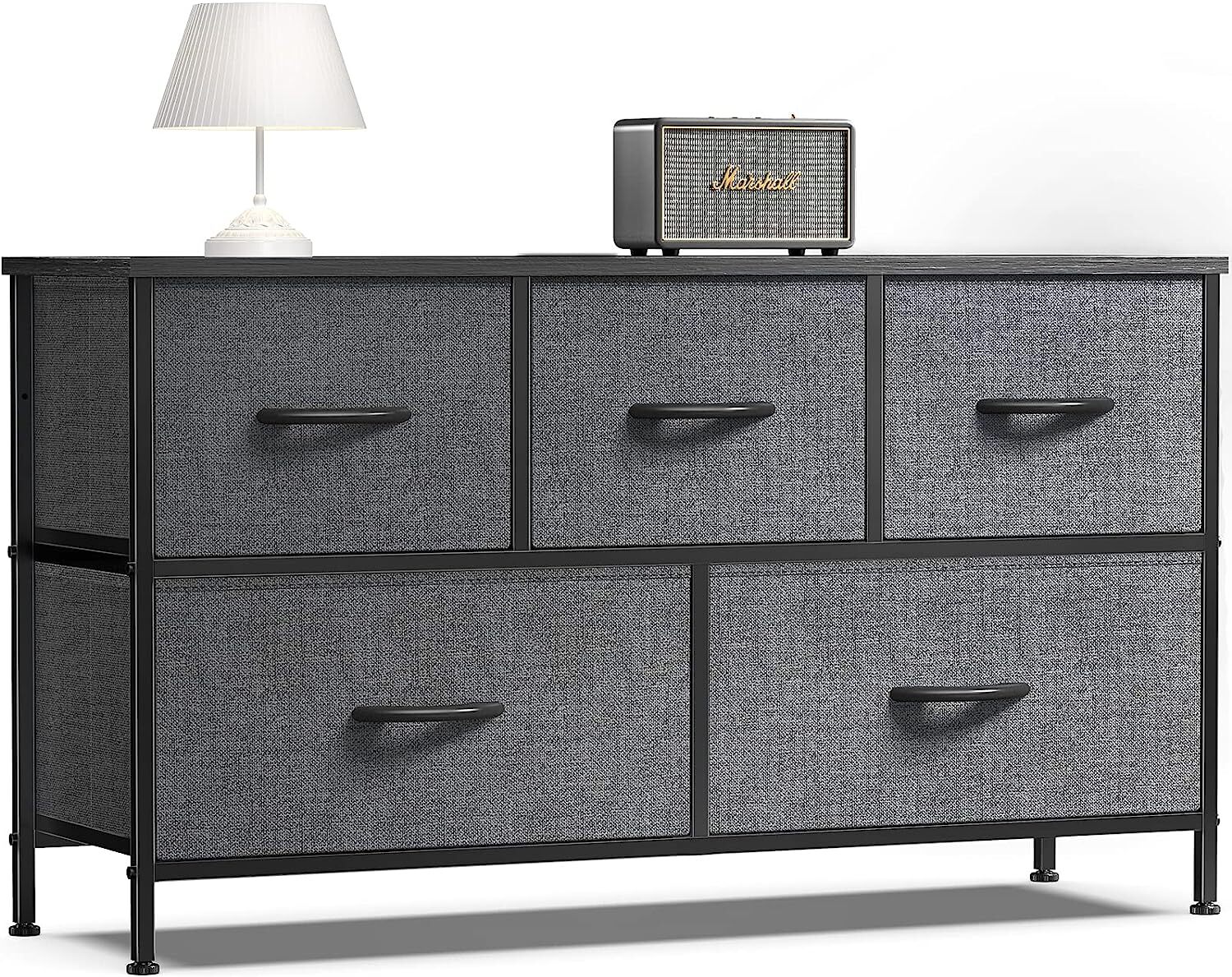 Gray 5 Drawers Dresser for Bedroom Wood Top Organizer Fabric Storage Drawers