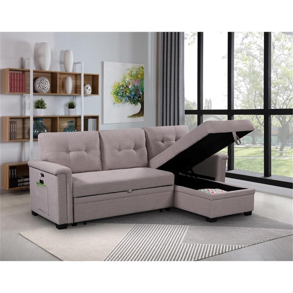 Bowery Hill Light Gray Reversible Sleeper Sofa Storage Chaise USB Charging Port