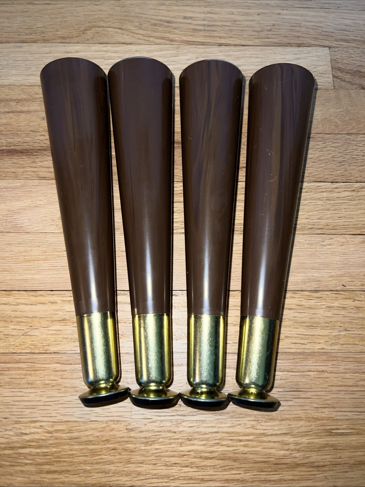 4 VTG Deadstock MCM Tapered Furniture Leg 7.25” Woodgrain Gold Tone Replacement