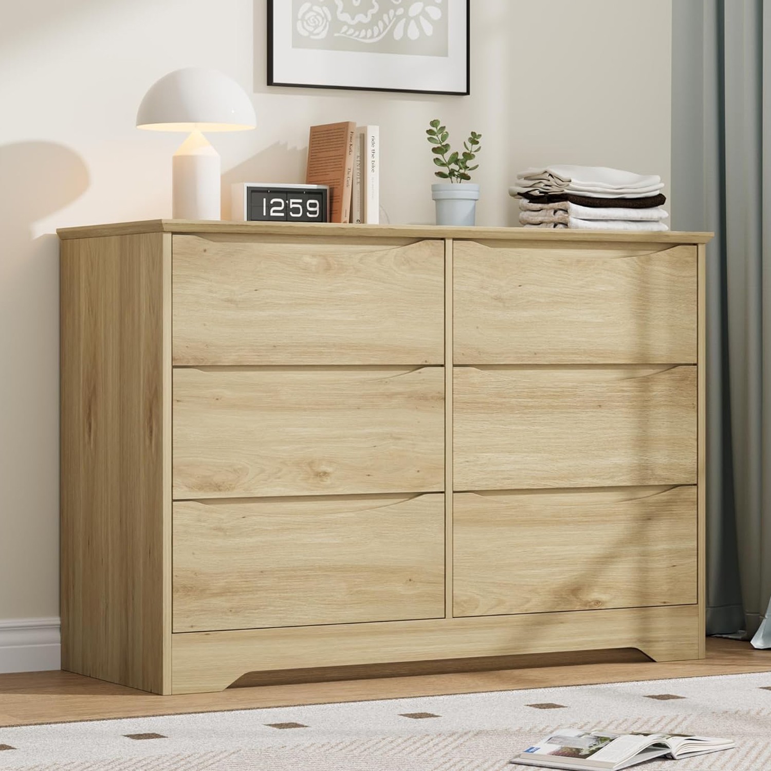 Wide 6 Drawer Dresser , Handle Free Wood Chest for Bedroom Living Room Hallway
