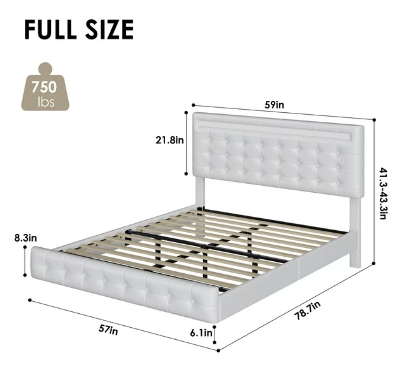 Platform Bed Frame Full Size Floating Base Adjustable Headboard for Kids Teens