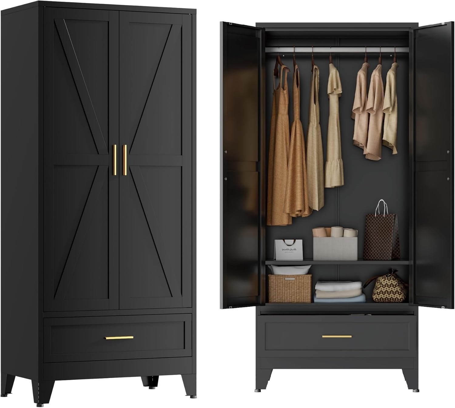 71″ Farmhouse Metal Wardrobe 2 Barn Doors Hanging Rod Drawer Bedroom Armoire