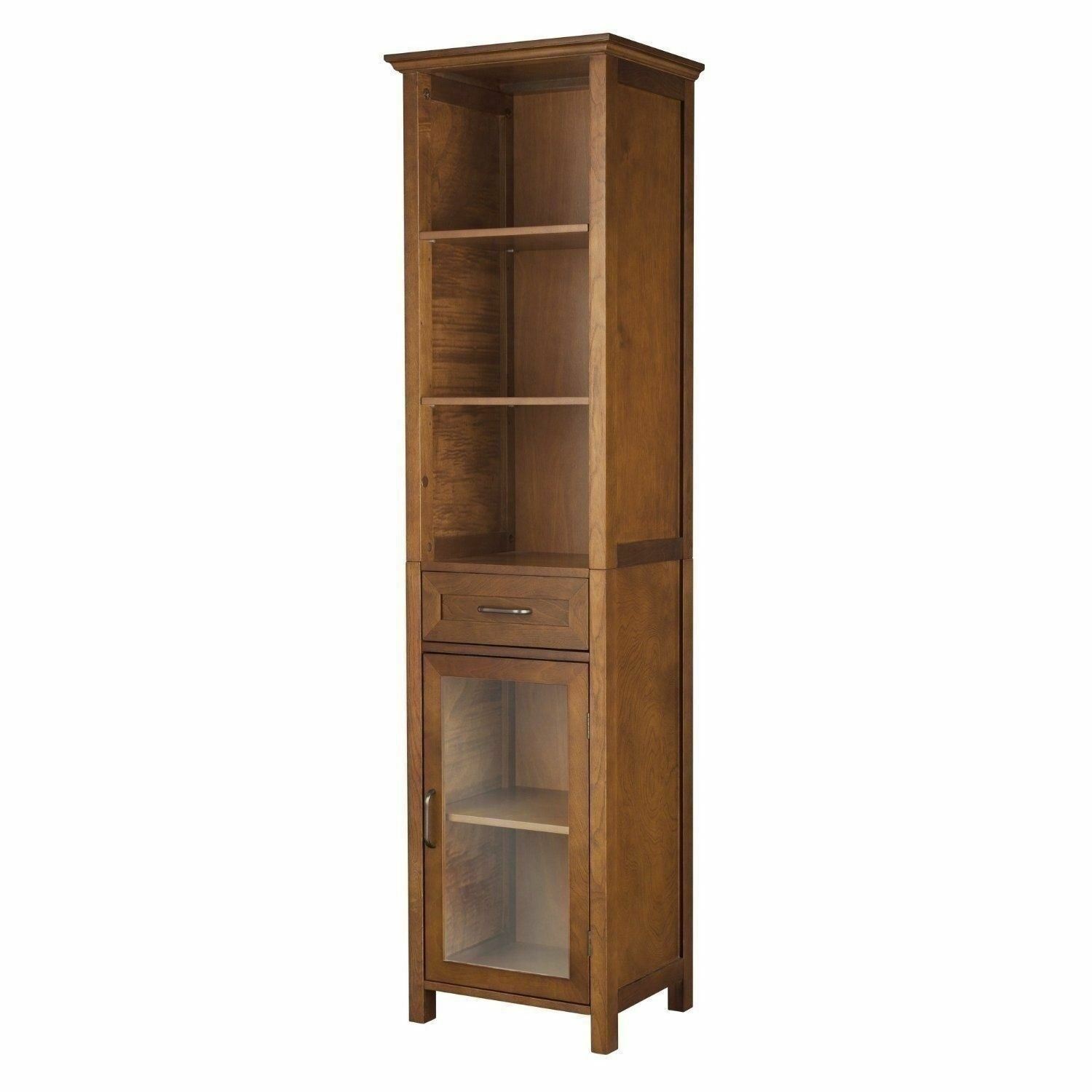 Oak Finish Wooden Linen Tower Storage Cabinet Tall Organizer Bathroom Towel Door