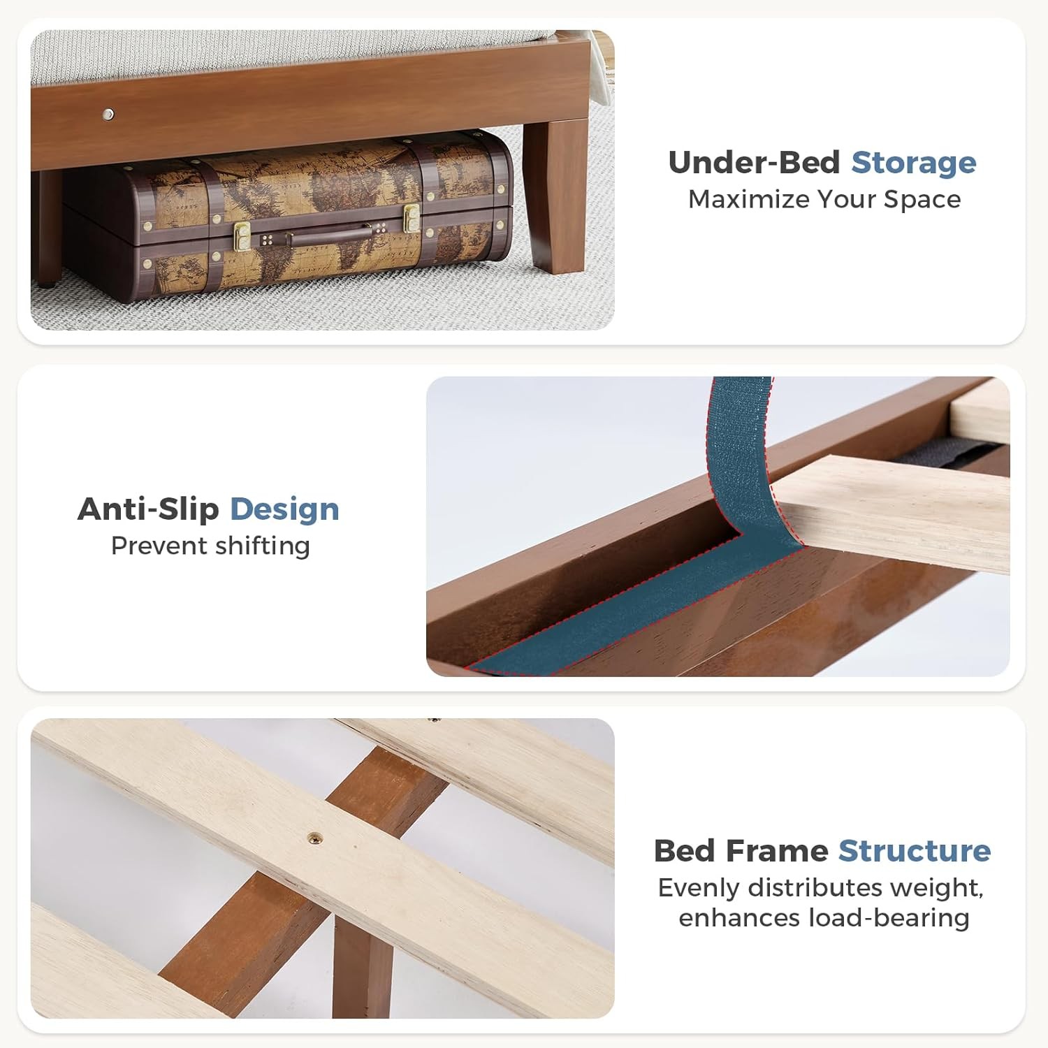 Solid Wood Bed Frame w/ Headboard,Heavy Duty Platform Bed Frame,Pine Wood,Queen