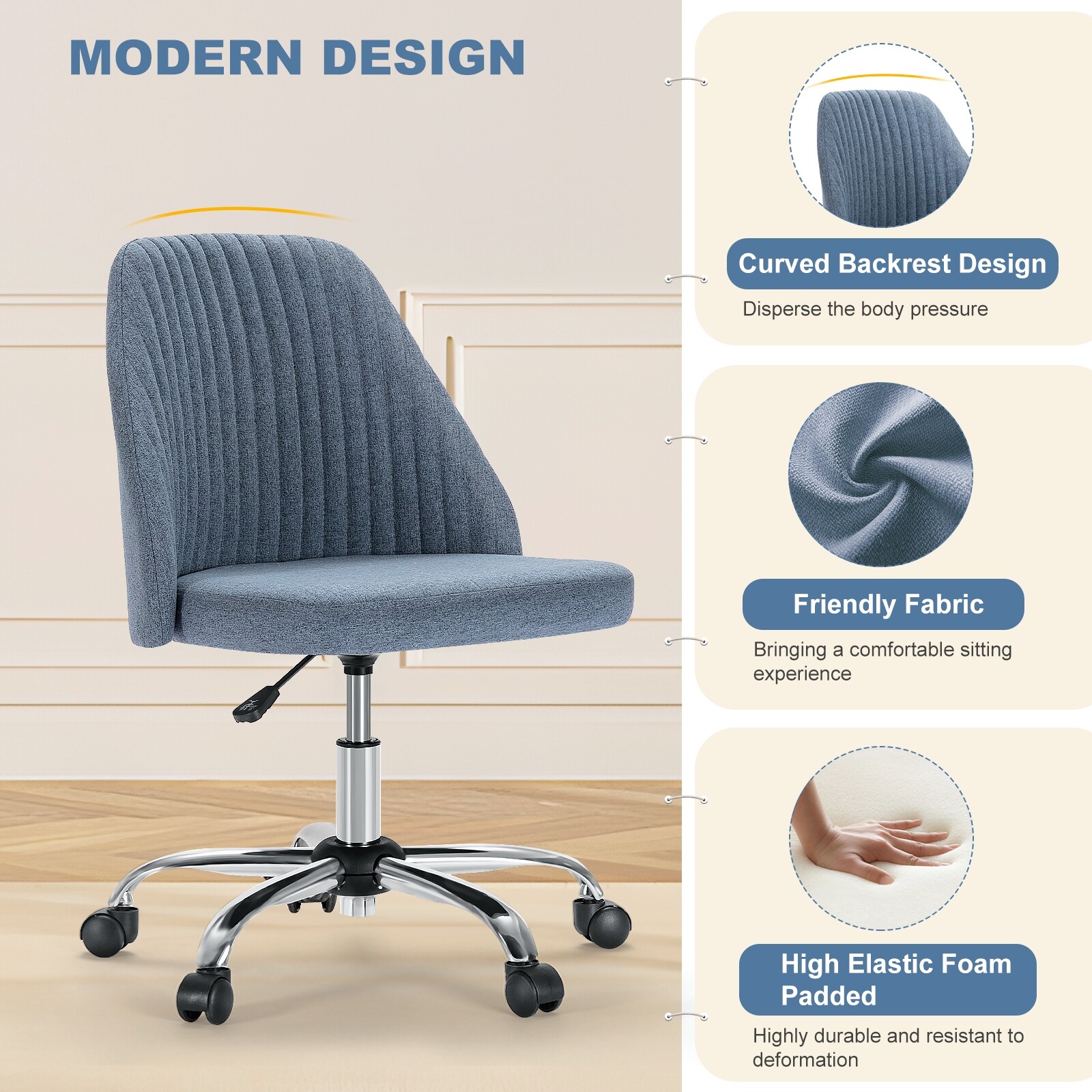 Office Chair Armless Chairs Cute Fabric Desk Adjustable Height Swivel Wheel