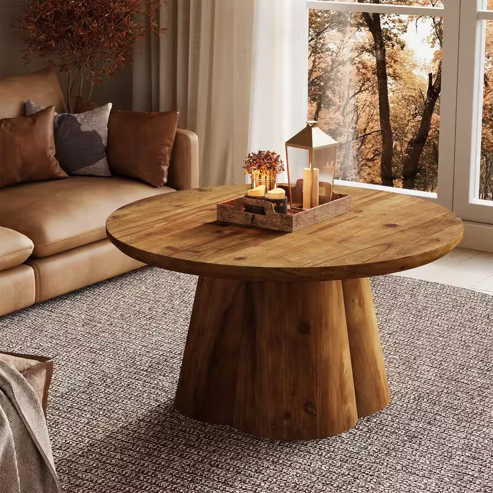 Allan 31.5 In. Brown round Solid Wood Coffee Table with Robust Base, Farmhouse C