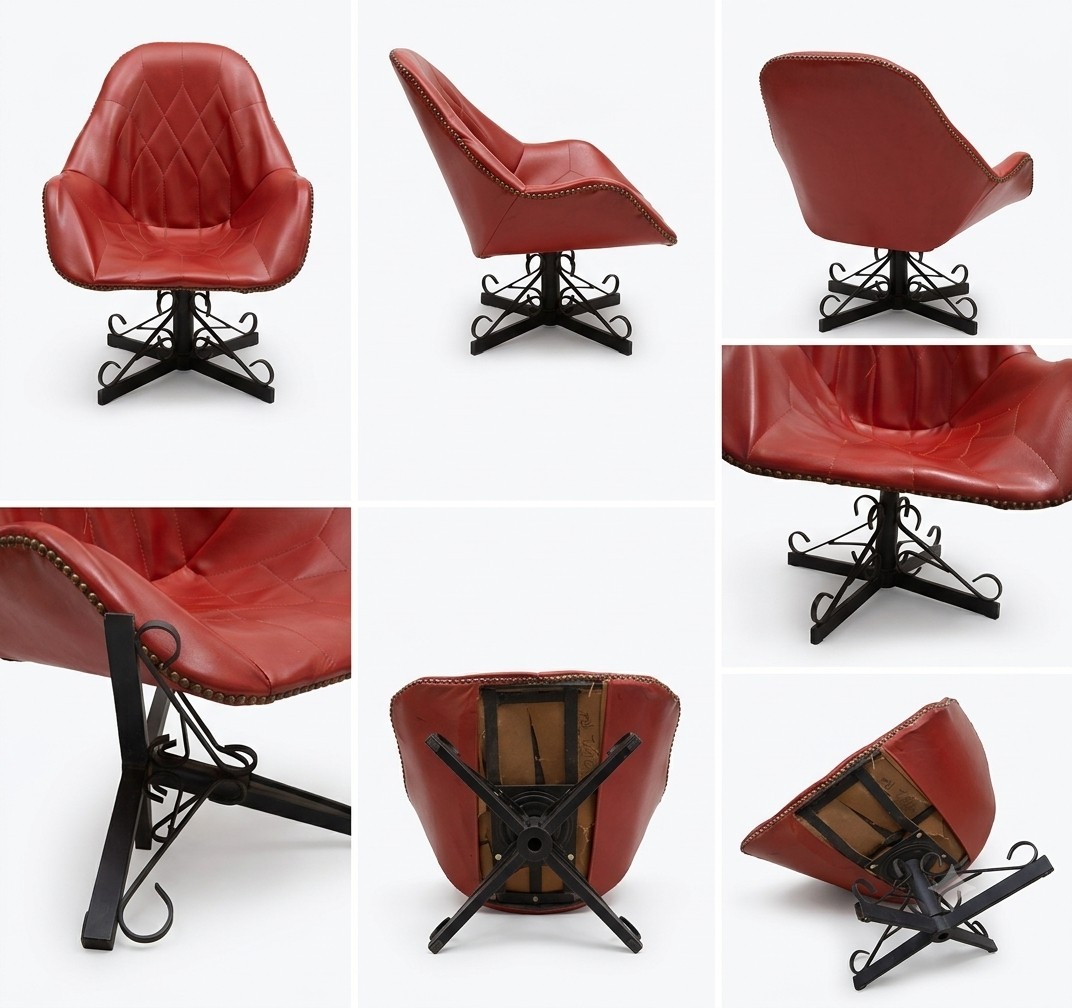 Vintage MCM Red Swivel Bucket Accent Chair Diamond Tufted Back. Brass Trim