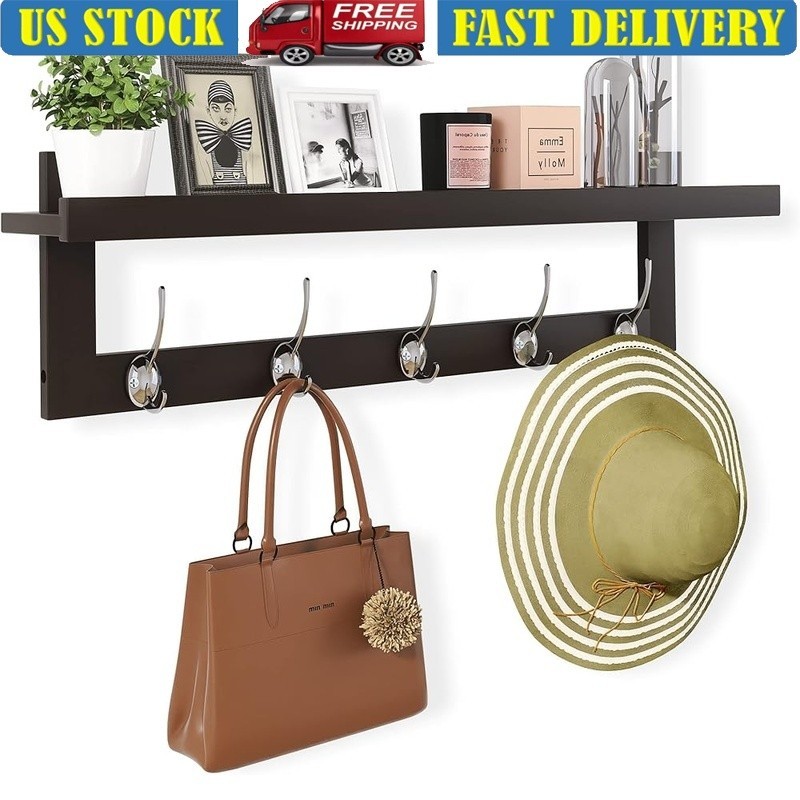 Bamboo Wall Shelf W/ 5 Dual Hooks Coats Keys Plants & Home Organization New