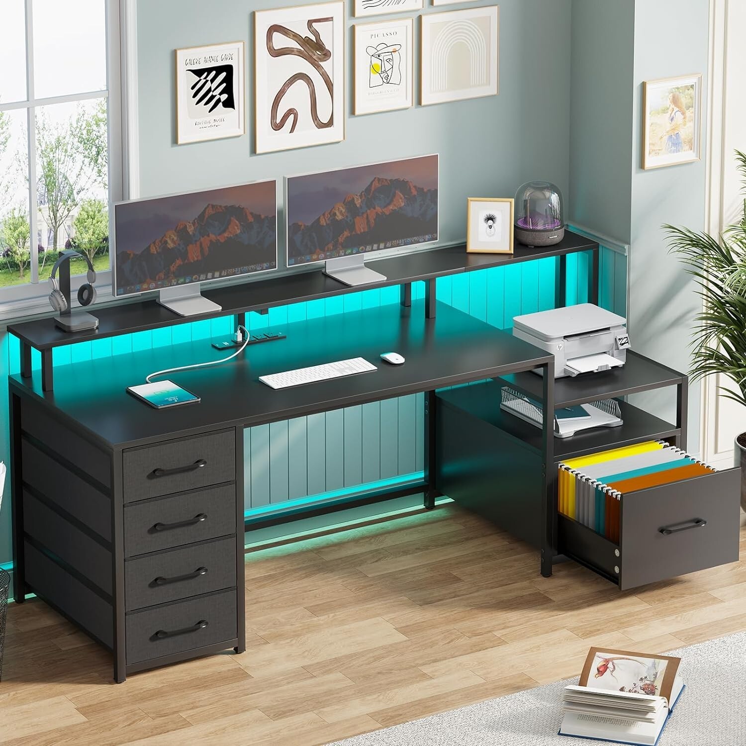 Computer Desk with Power Outlet &Led Lights, 66” Home Office Desk w/File Drawer