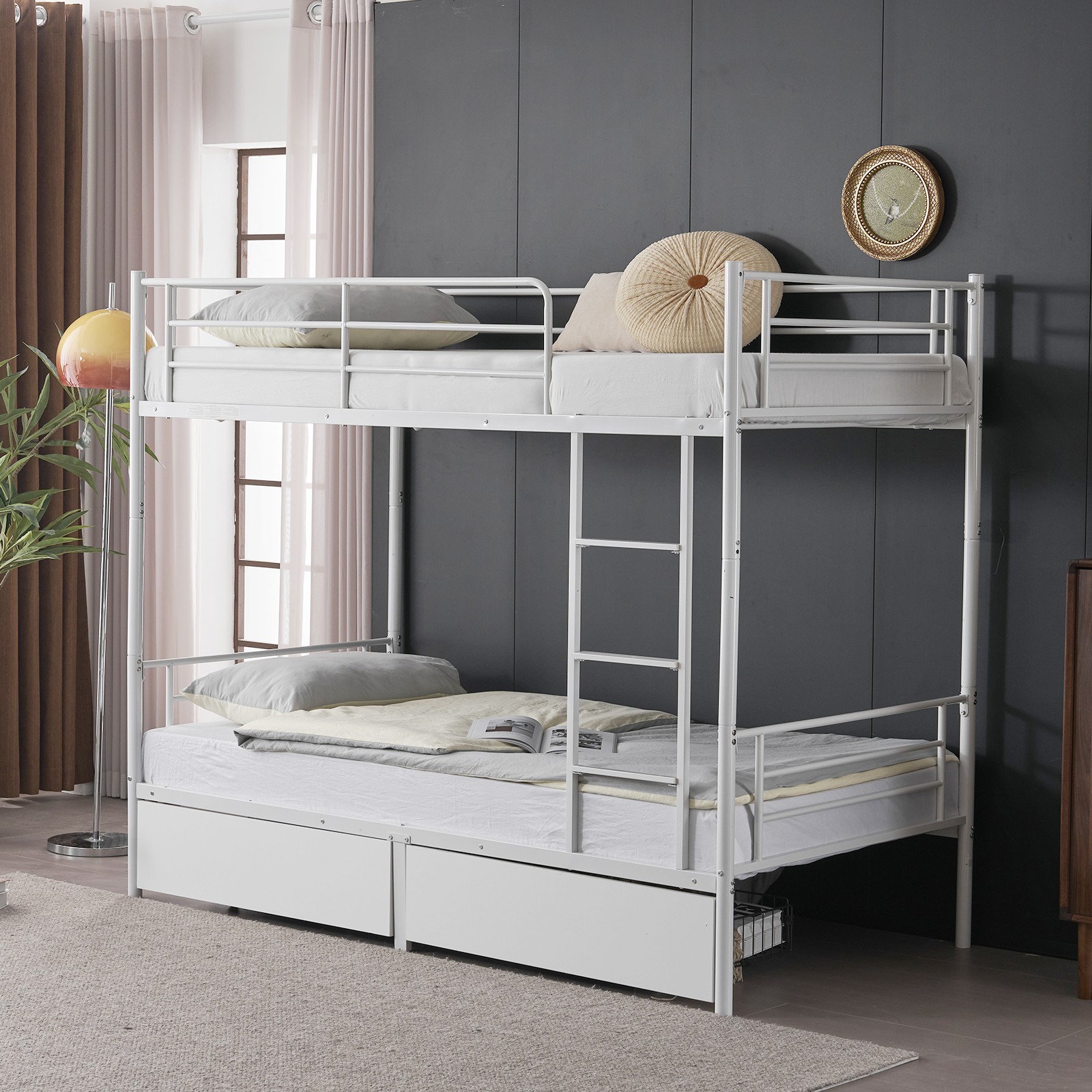 Twin Over Twin Convertible Bunk Bed with 2 Storage Drawers, Metal Bunk Bed White