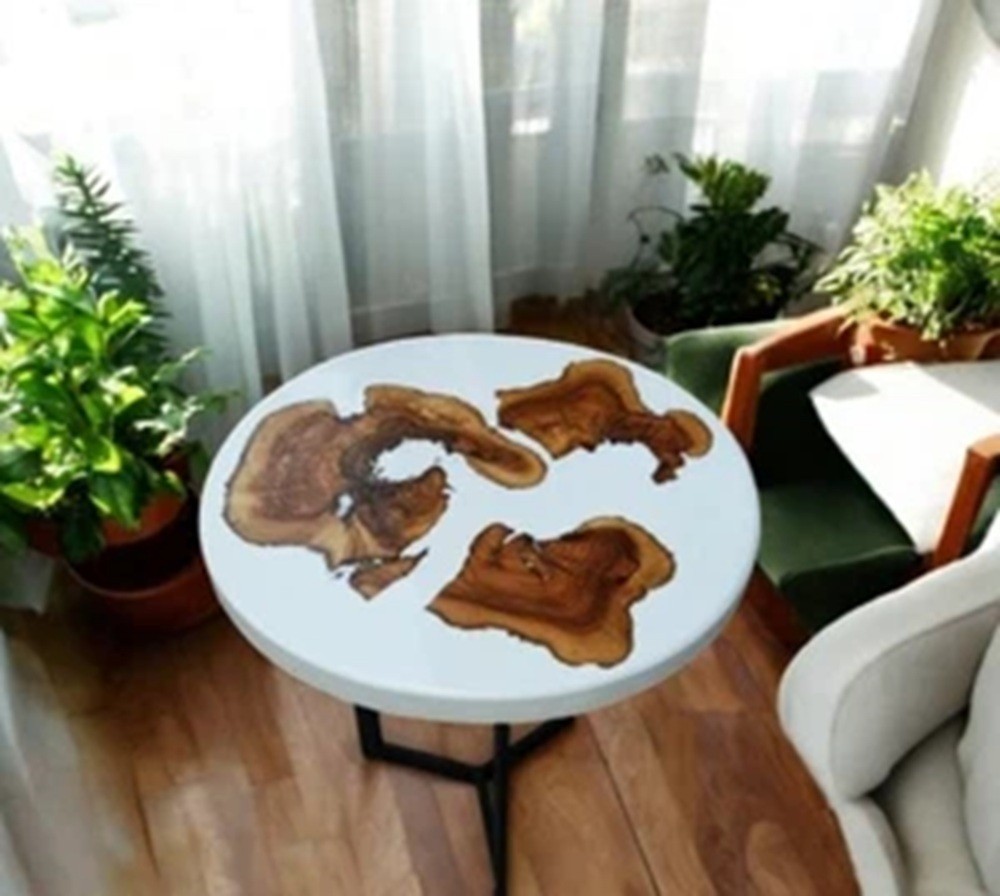 18″ Handmade Olive Wood & White Epoxy Resin Coffee Table Live Edge Round Side